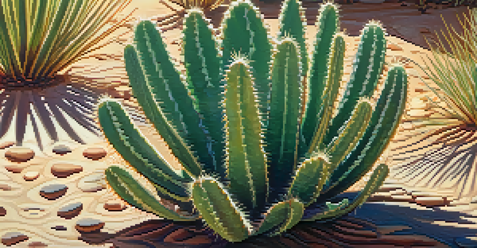 Close-up of a peyote cactus surrounded by desert vegetation, with sunlight highlighting its textures.