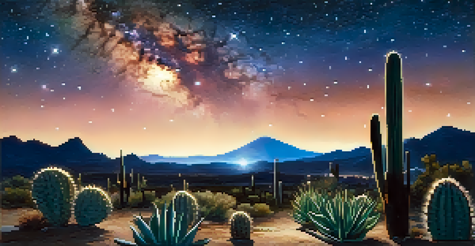 A tranquil peyote cactus garden under a starry sky, showcasing the silhouette of the cacti against a vibrant night sky filled with stars.