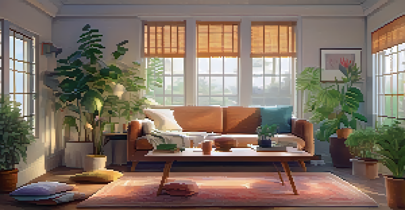 A warm therapy room with soft lighting, plants, and a view of a tranquil garden, designed for healing sessions.