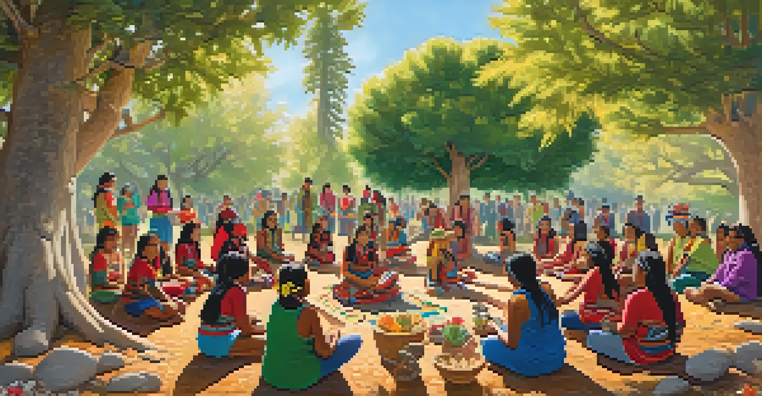 Indigenous youth engaged in a peyote revitalization workshop, participating in activities under a large tree, showcasing joy and cultural connection.