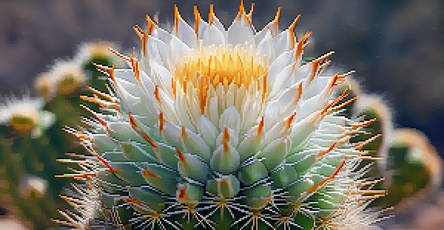 A close-up of a Peyote cactus, focusing on its texture and blooming flowers, with a soft blurred background.