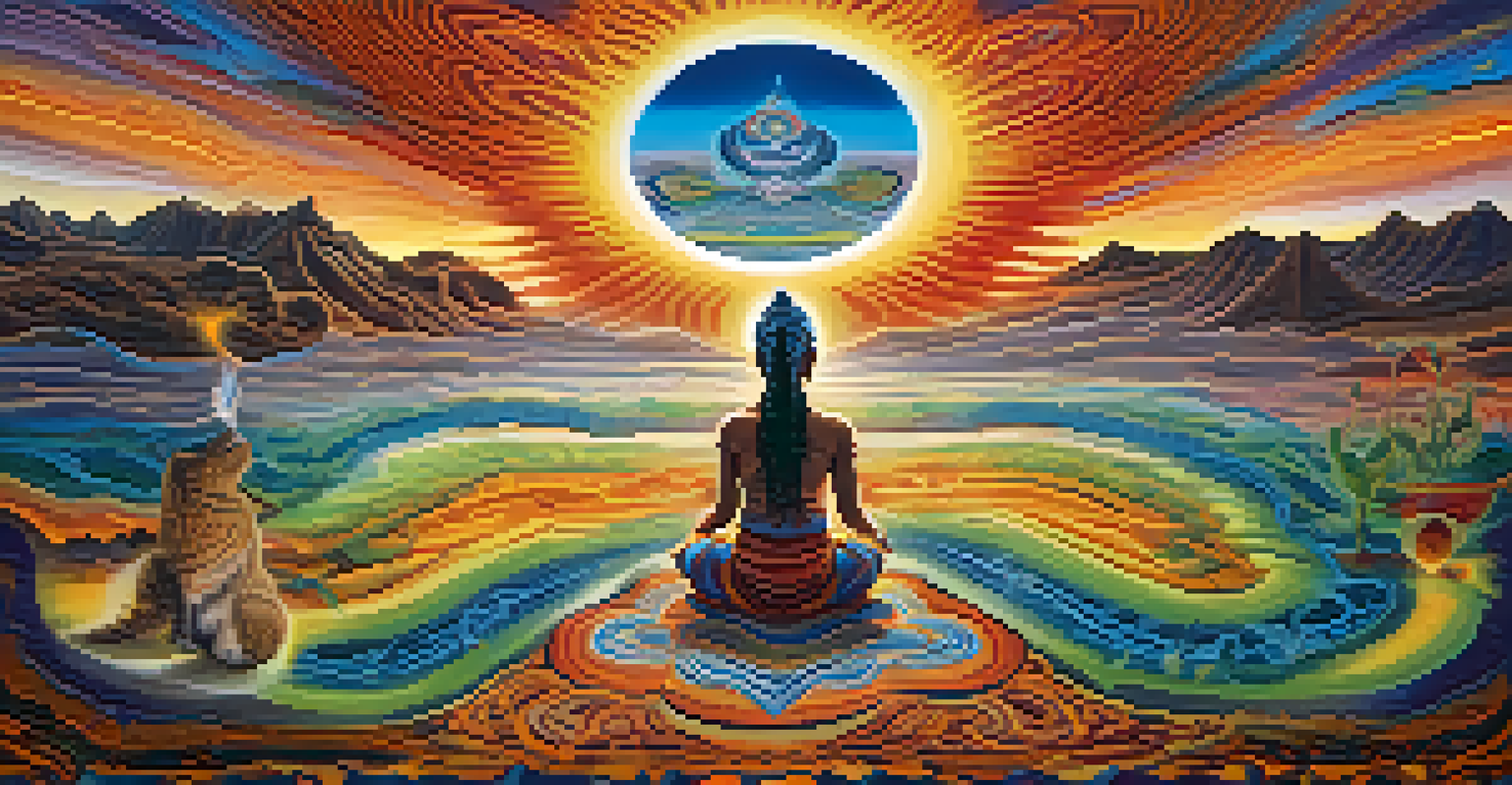 An abstract depiction of a person's spiritual journey after consuming peyote, with colors and symbols flowing from a meditating figure.