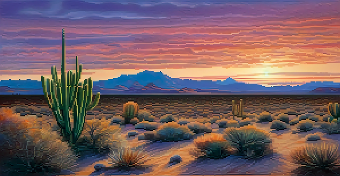A beautiful desert landscape at sunset with a small peyote cactus in the foreground and colorful sky.