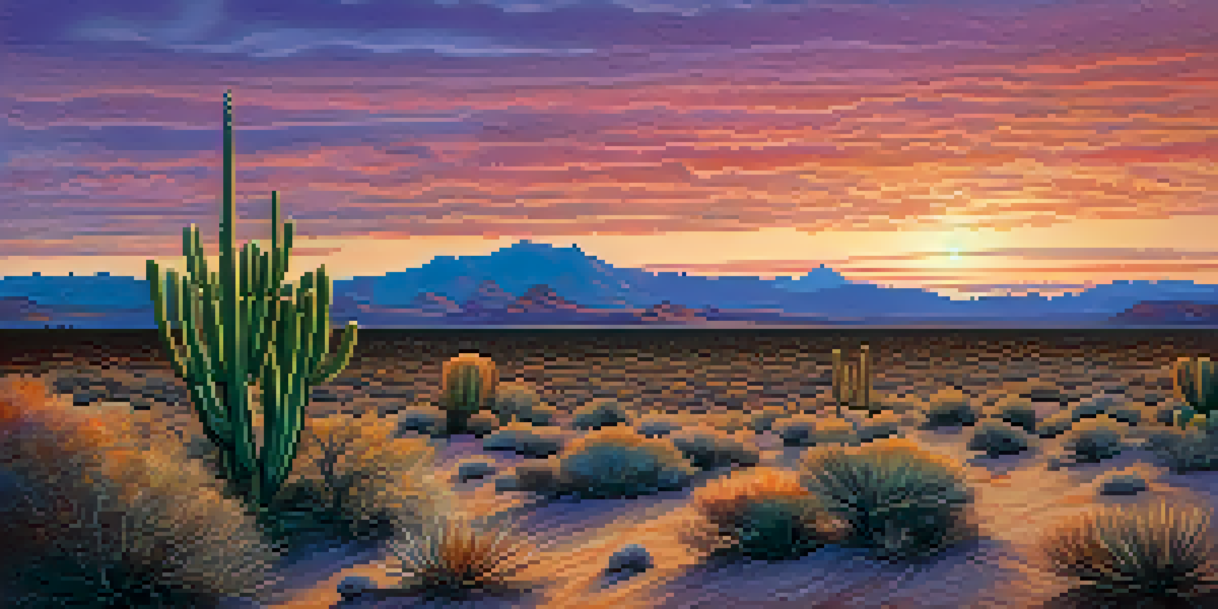 A beautiful desert landscape at sunset with a small peyote cactus in the foreground and colorful sky.