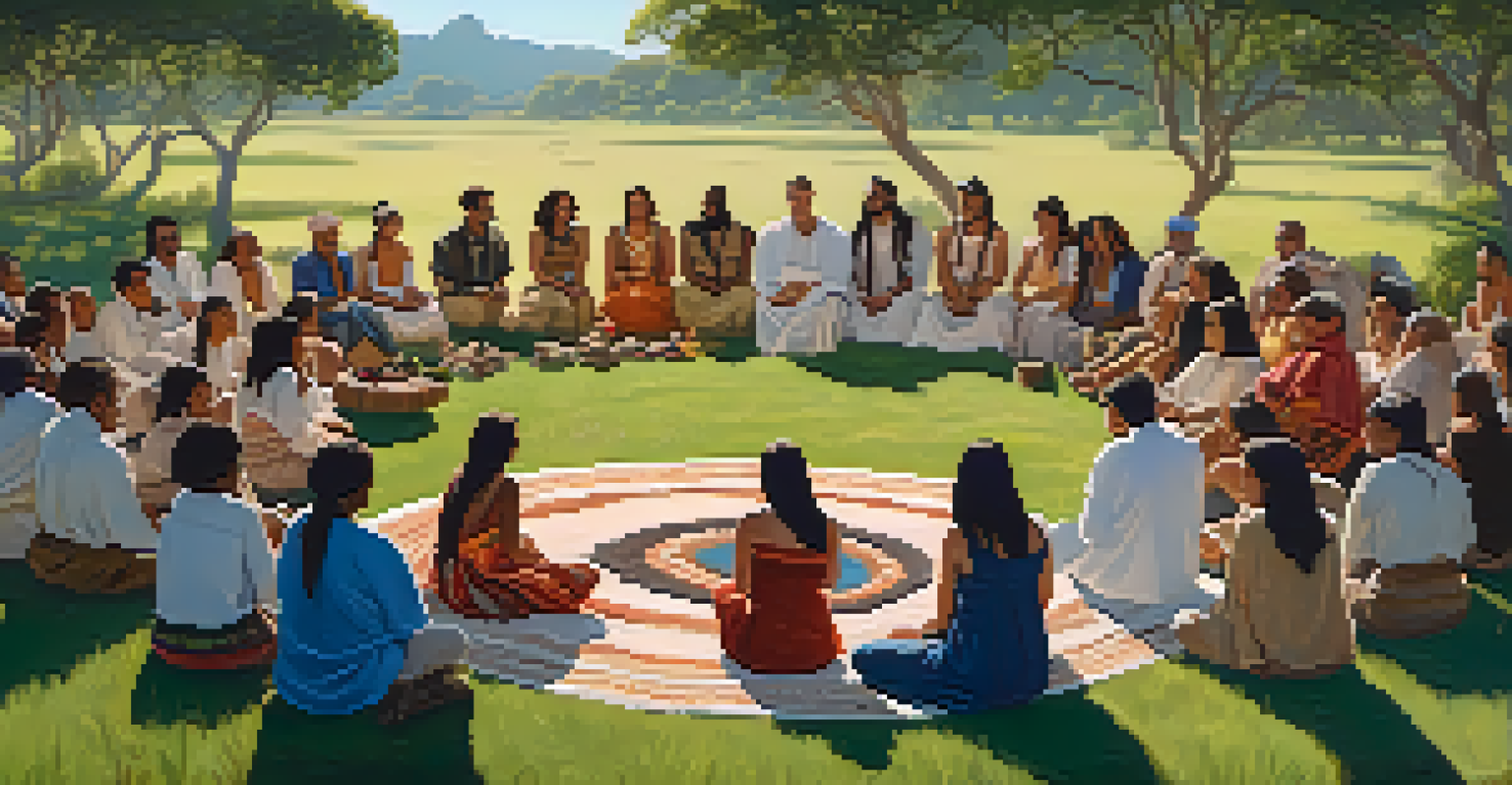 A group of diverse people in a circle sharing stories during a peyote ceremony in a grassy field, surrounded by trees.