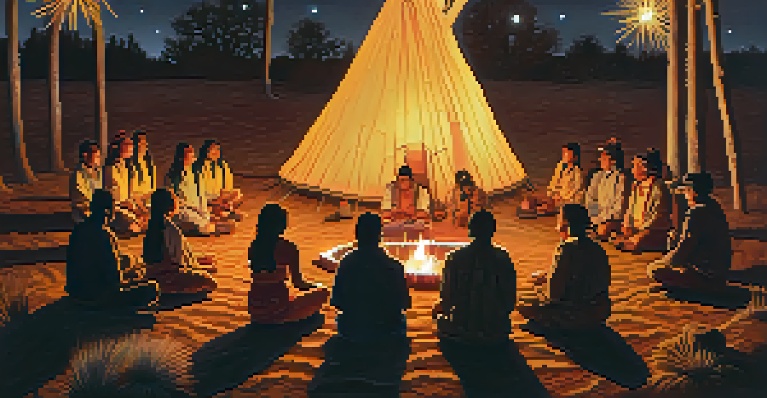 Participants in a traditional Indigenous ceremony gathered around a glowing fire at dusk, with a peyote cactus in the center.
