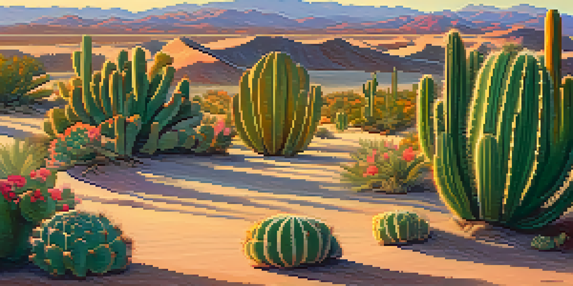 A peaceful desert scene at dawn with peyote cacti and a colorful sunrise.