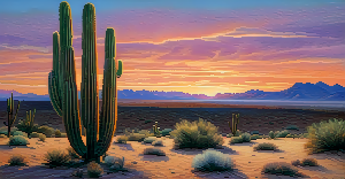 A beautiful desert landscape at sunset with a small cactus in the foreground and colorful skies.