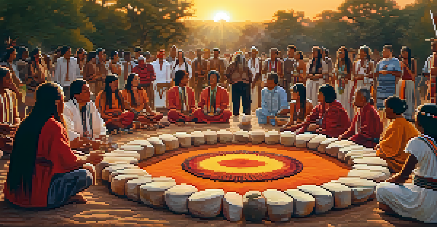 An Indigenous ceremony with participants in traditional attire engaged in a peyote ritual, surrounded by nature at sunset.