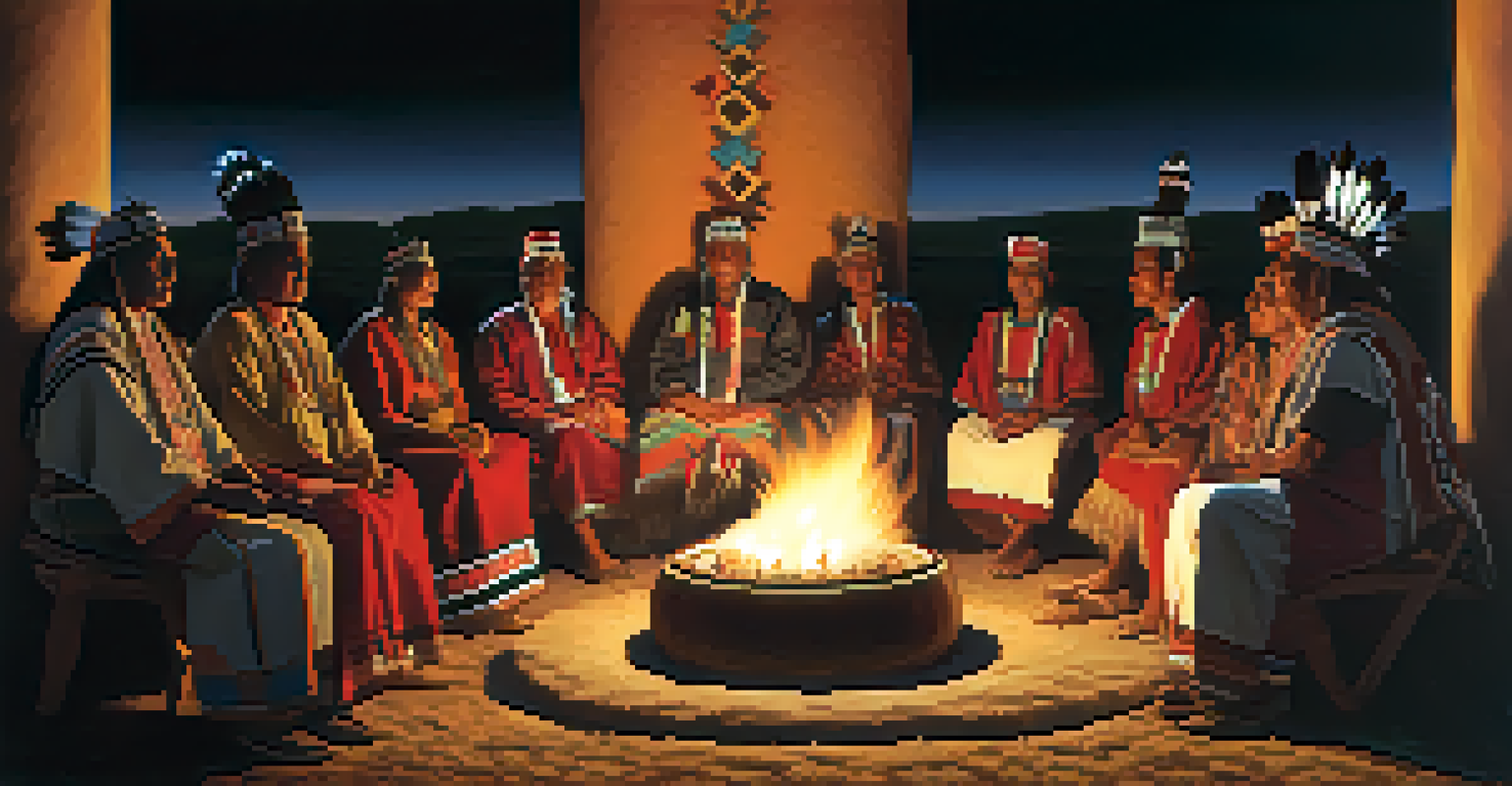 Indigenous elders and youth gathered around a fire in a ceremonial setting, sharing stories and teachings.
