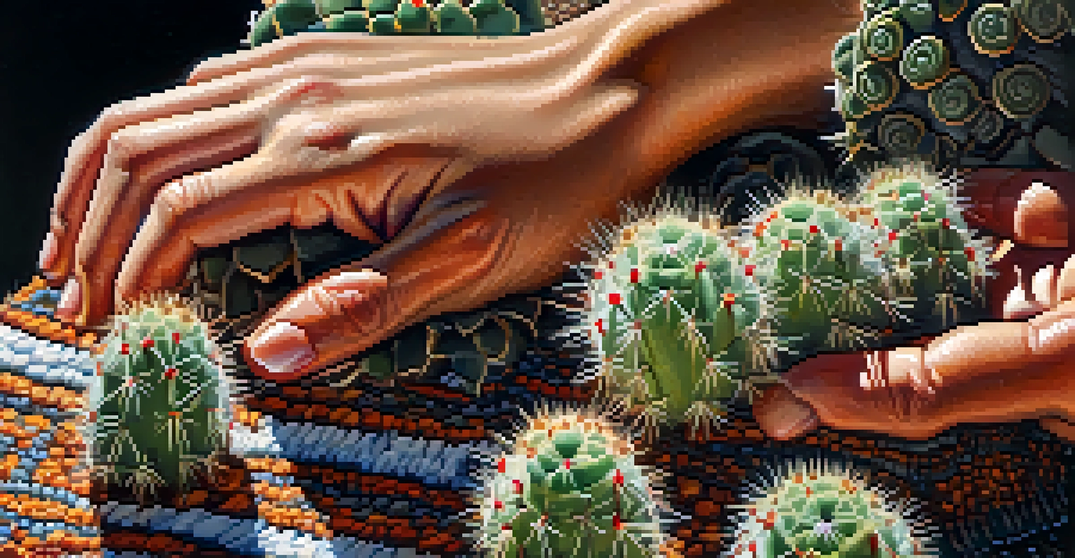 Close-up of hands holding fresh peyote cactus buttons, highlighting their intricate textures and colors.