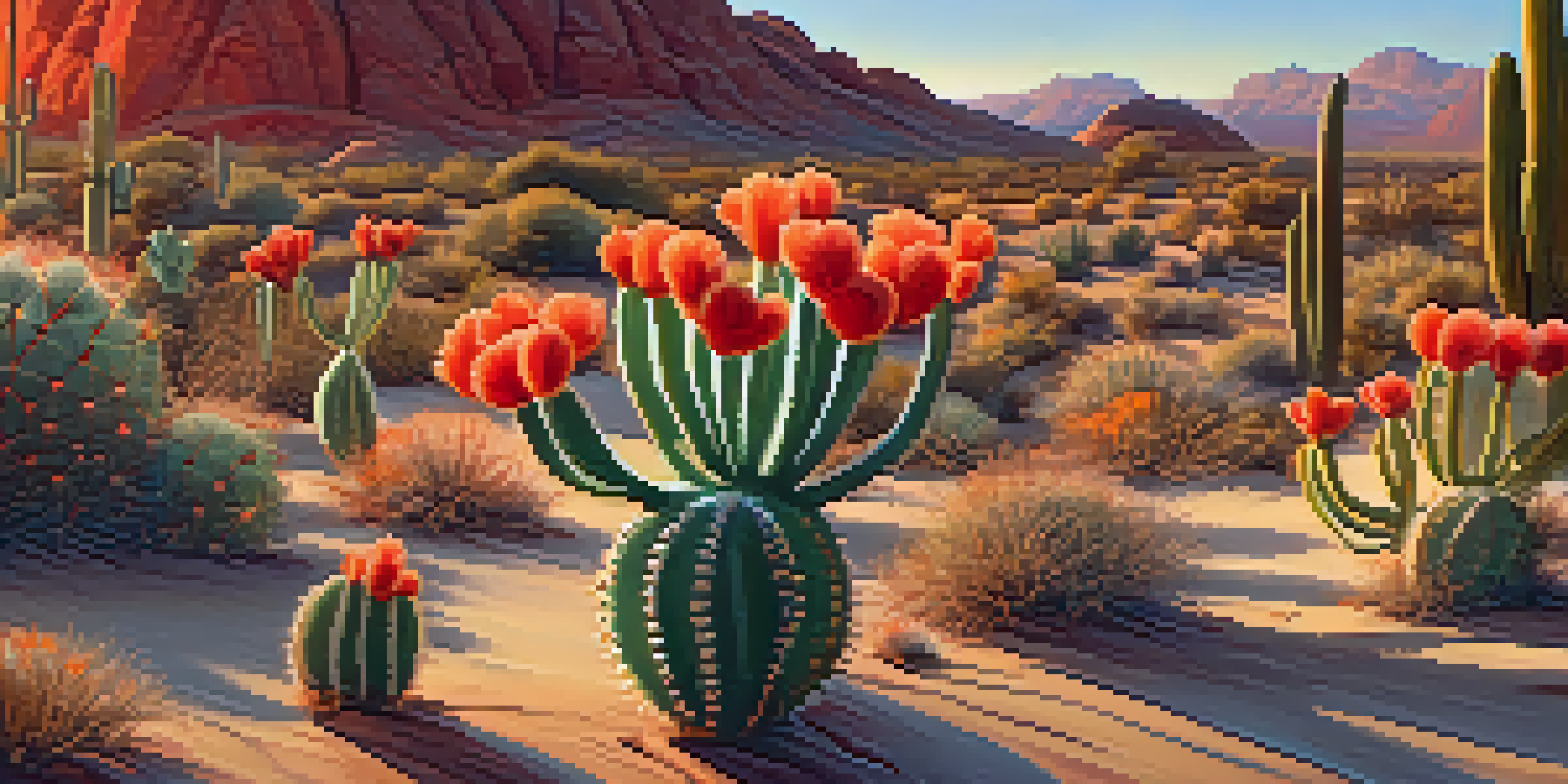 A close-up view of a peyote cactus with flowers in a desert landscape during sunset, featuring warm colors and surrounding desert plants.
