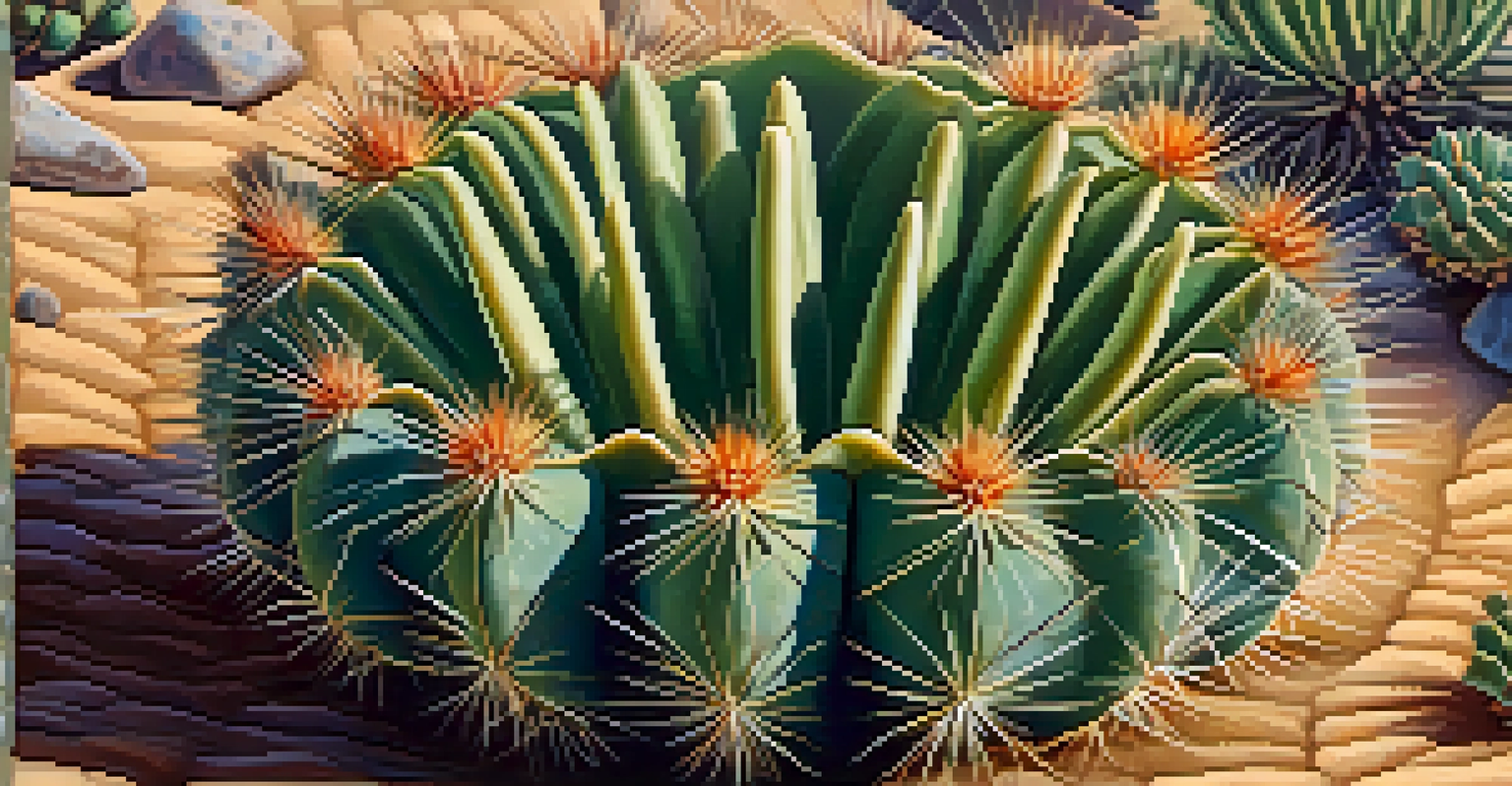 A close-up view of a peyote cactus, showcasing its texture and colors against a sandy background.