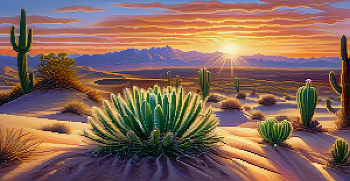 A tranquil desert scene with a small peyote cactus in the front, illuminated by a warm sunrise, and colorful skies in the background.