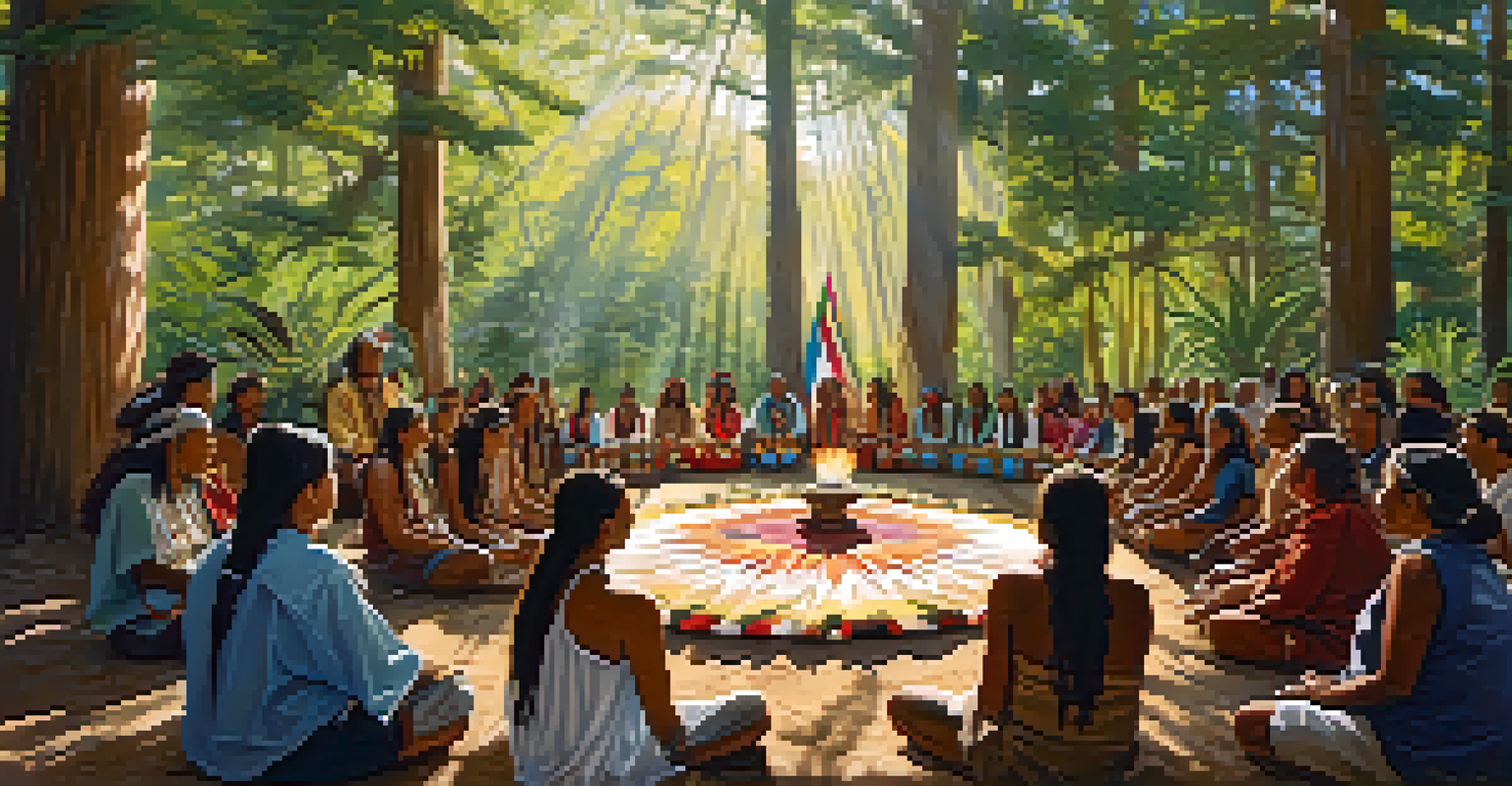 An indigenous ceremony with participants gathered in a circle around an altar adorned with peyote and traditional items, surrounded by trees.