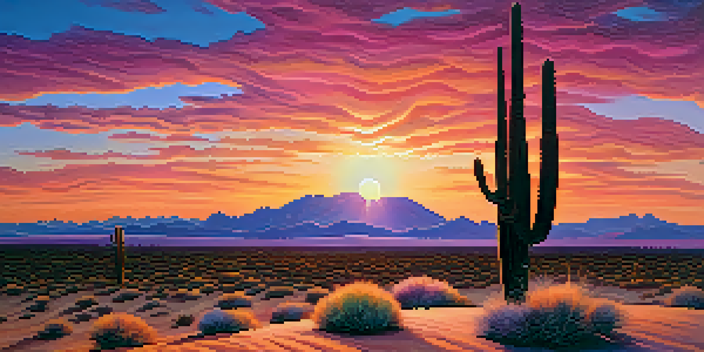A beautiful desert landscape at sunset with a silhouette of a peyote cactus in the foreground, featuring vibrant colors in the sky.