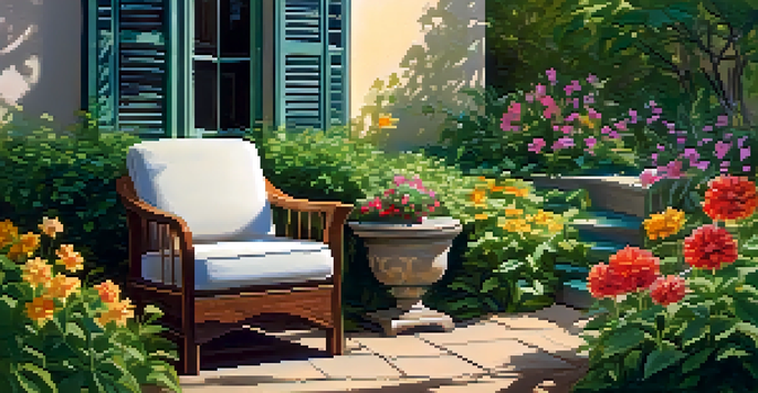 A peaceful outdoor space with a cozy armchair, a journal, and colorful flowers, illuminated by soft sunlight.