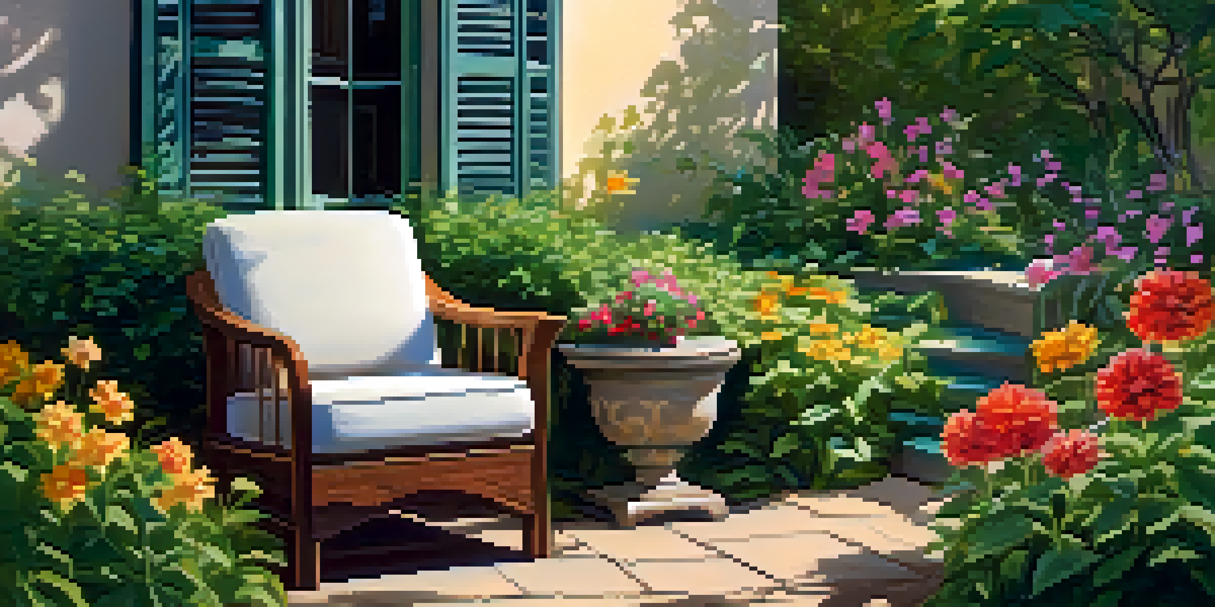 A peaceful outdoor space with a cozy armchair, a journal, and colorful flowers, illuminated by soft sunlight.