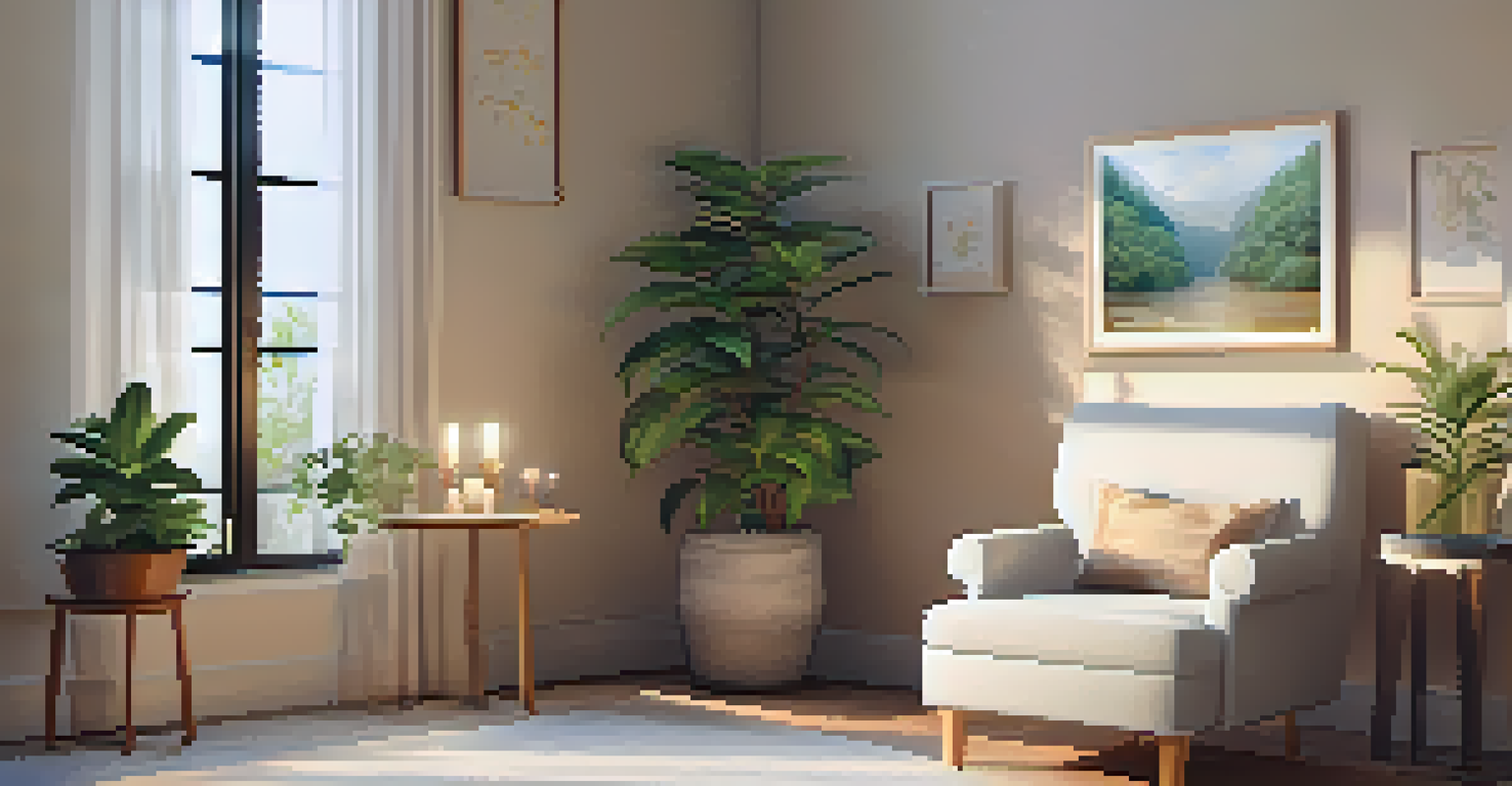 A calm therapy room with soft lighting, a comfortable chair, candles, plants, and nature artwork, creating a peaceful atmosphere for healing.