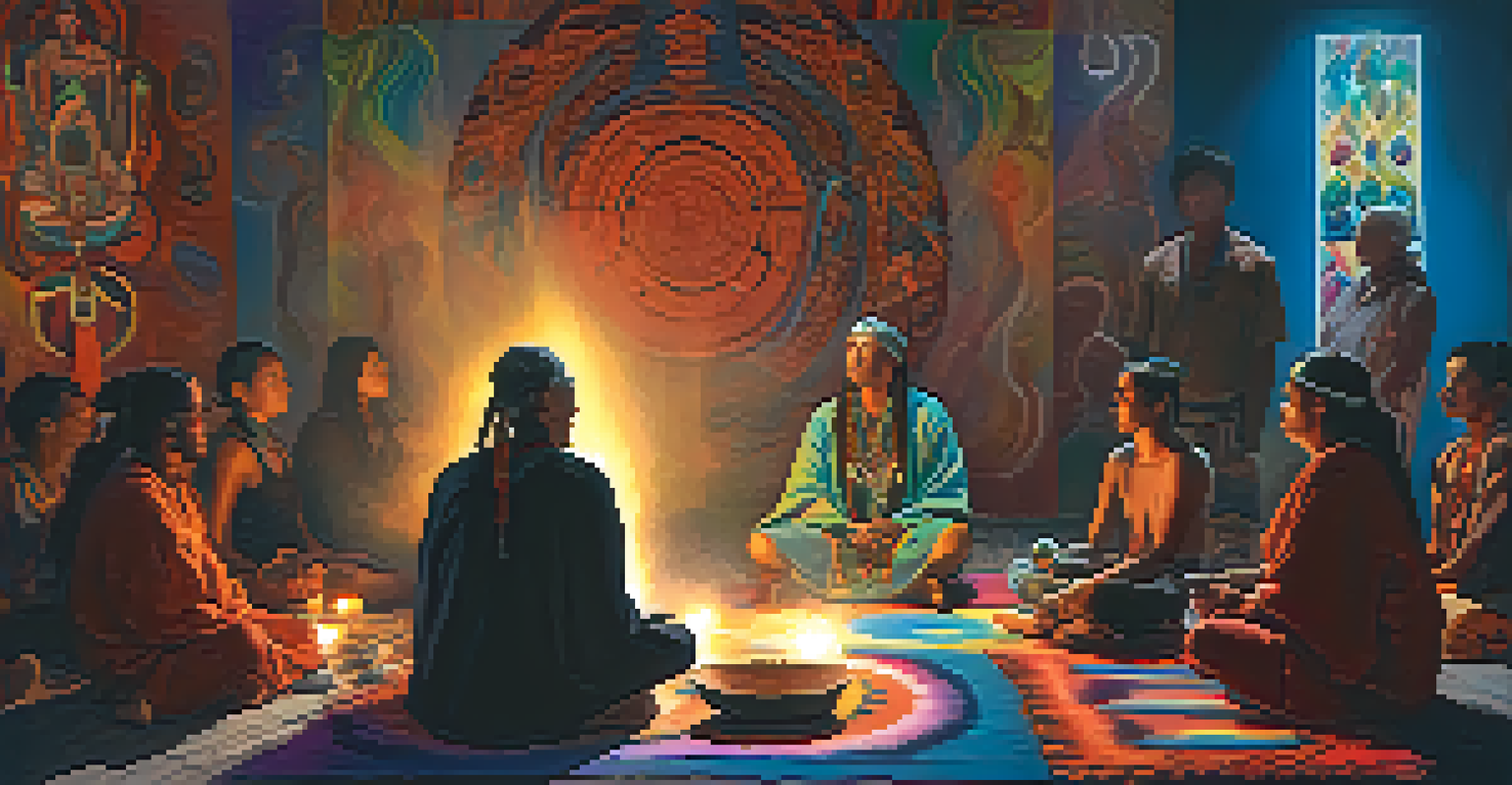 A shaman conducting a ceremony with a peyote cactus, surrounded by participants in a dimly lit room filled with colorful light patterns and swirling incense smoke.