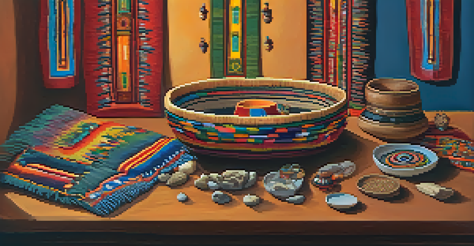 A culturally rich ceremonial display with peyote and traditional artifacts arranged on a wooden table.