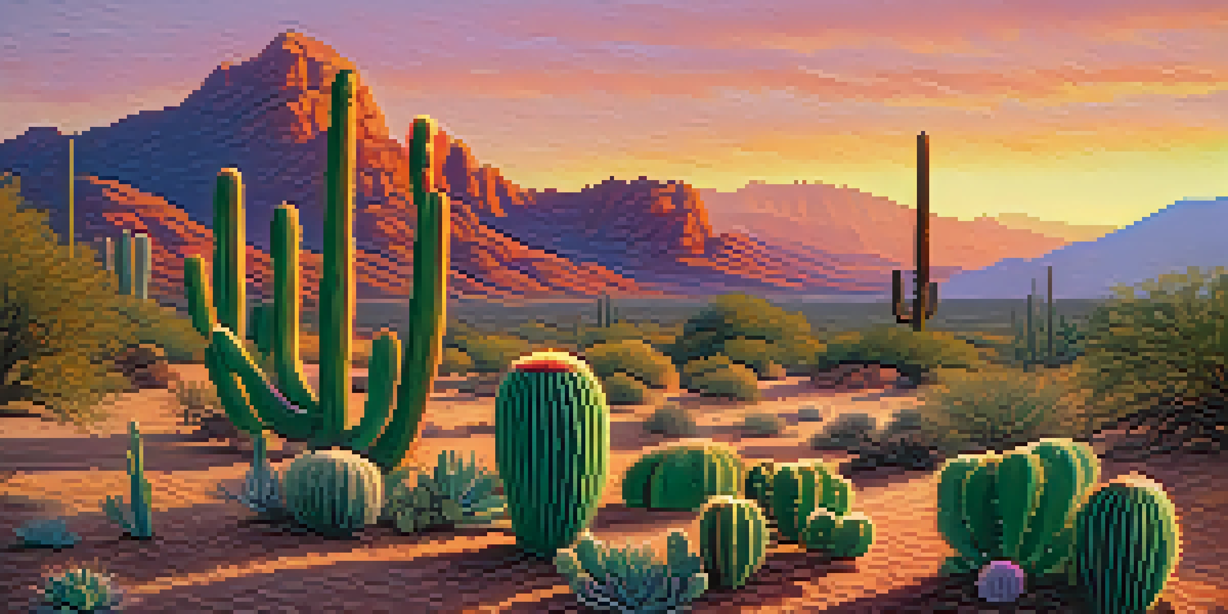 A peaceful desert scene at sunrise with peyote cacti in the foreground and colorful sky.
