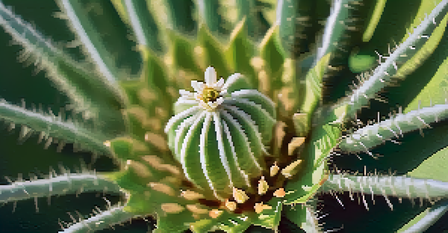 Close-up of a peyote cactus with textured skin and green color, surrounded by delicate flowers and a blurred desert landscape in the background.