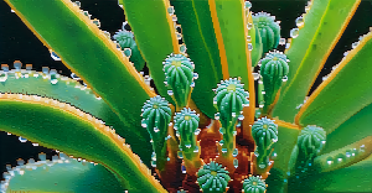 A close-up of a peyote cactus with water droplets, highlighting its textures and vibrant green color against a blurred background.