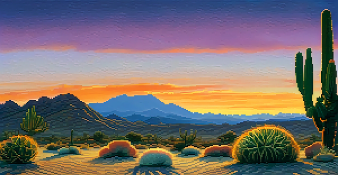 A small peyote cactus in a desert at dusk with a colorful sunset sky.