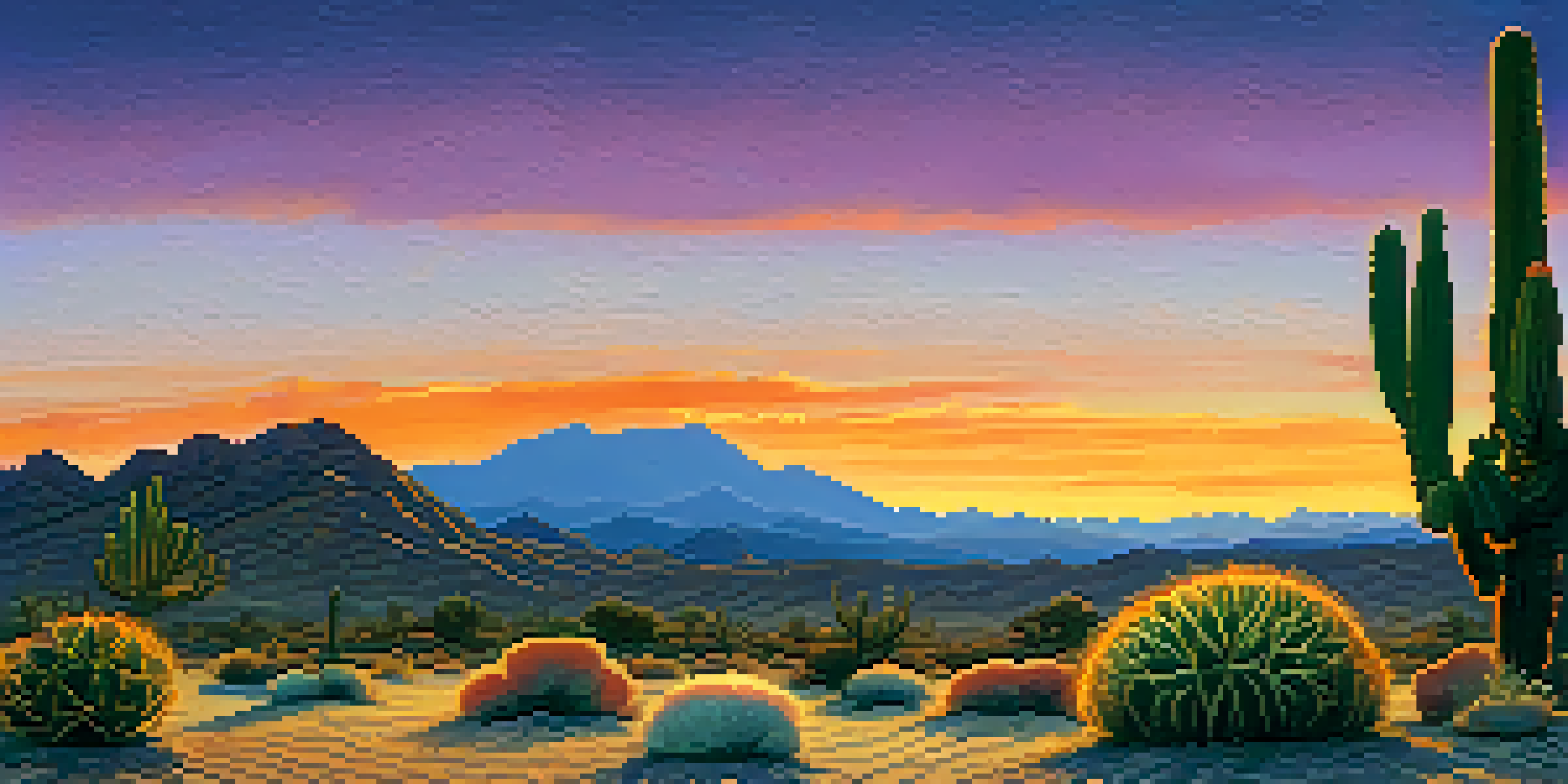 A small peyote cactus in a desert at dusk with a colorful sunset sky.