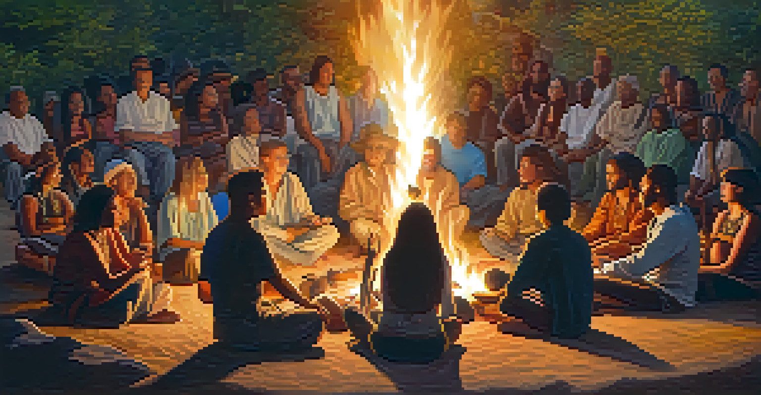 Individuals participating in a peyote ceremony around a campfire, engaged in singing and drumming.