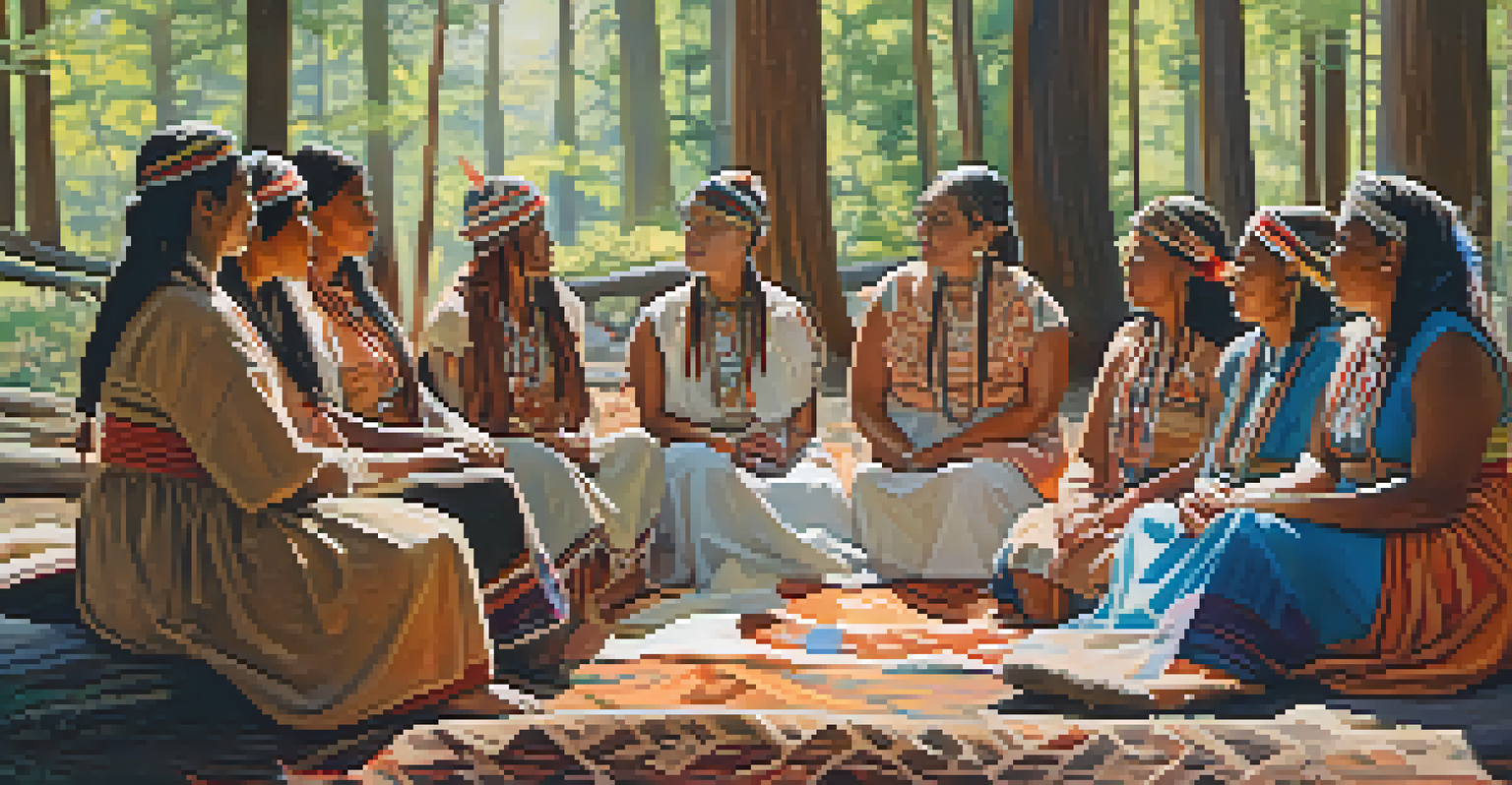 Indigenous women gathered in a woodland, sharing stories during a Peyote ceremony, dressed in traditional attire.