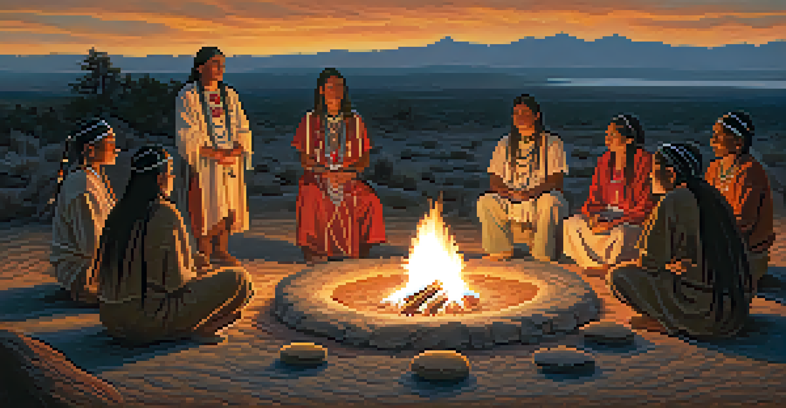 Participants in a Native American ceremony around a fire, with Peyote buttons in the center, illuminated by the warm glow of the flames.