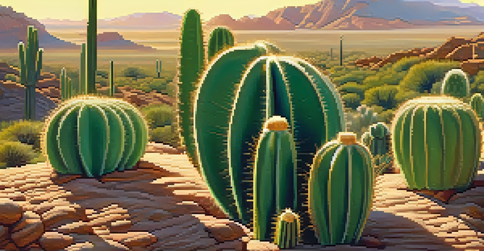 A close-up of a peyote cactus with intricate textures and vibrant green color in a sunlit desert landscape.