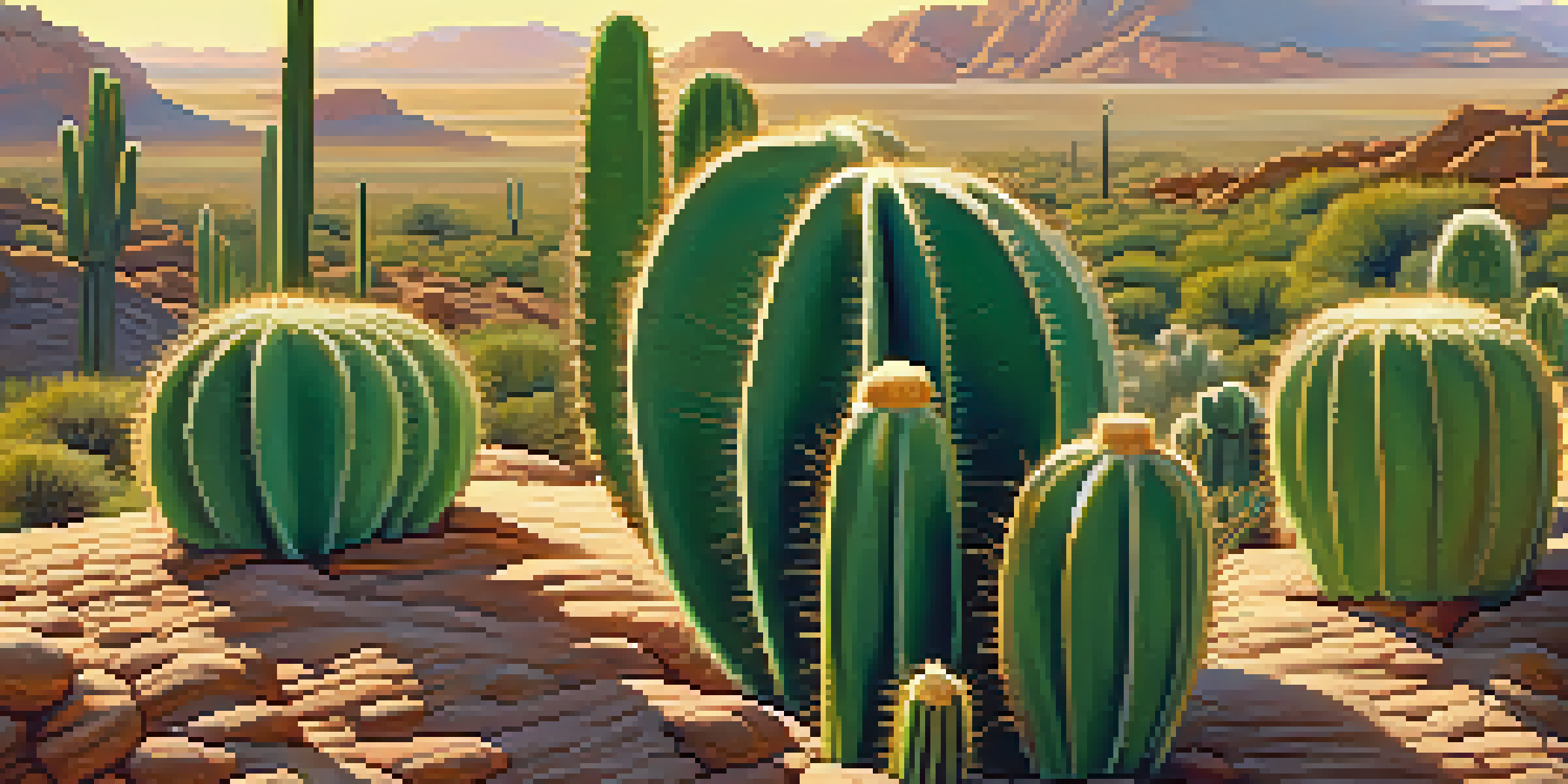 A close-up of a peyote cactus with intricate textures and vibrant green color in a sunlit desert landscape.