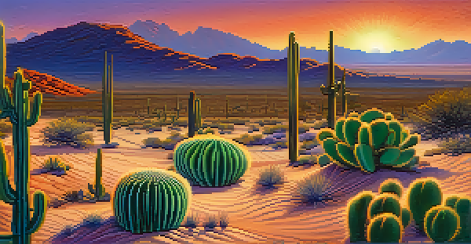 A close-up of a Peyote cactus in a desert landscape at sunset, with warm colors in the sky and distant mountains.