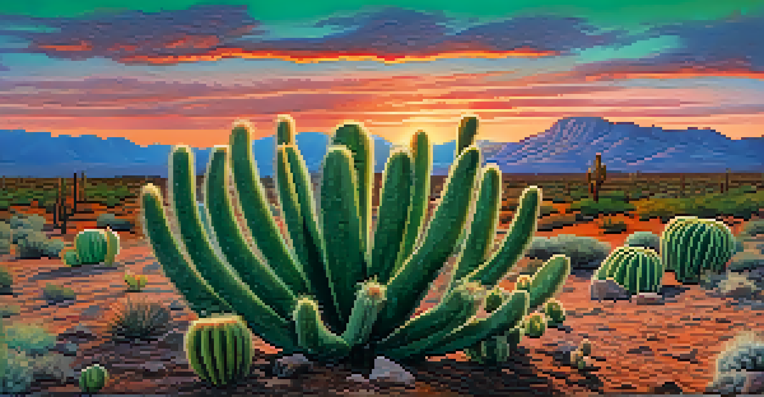 A close-up view of a peyote cactus against a desert landscape at sunset, showcasing its vibrant green texture amidst a colorful sky.