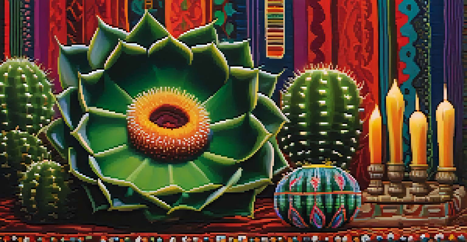 Close-up of a peyote cactus in a ceremonial setting with candles and textiles.