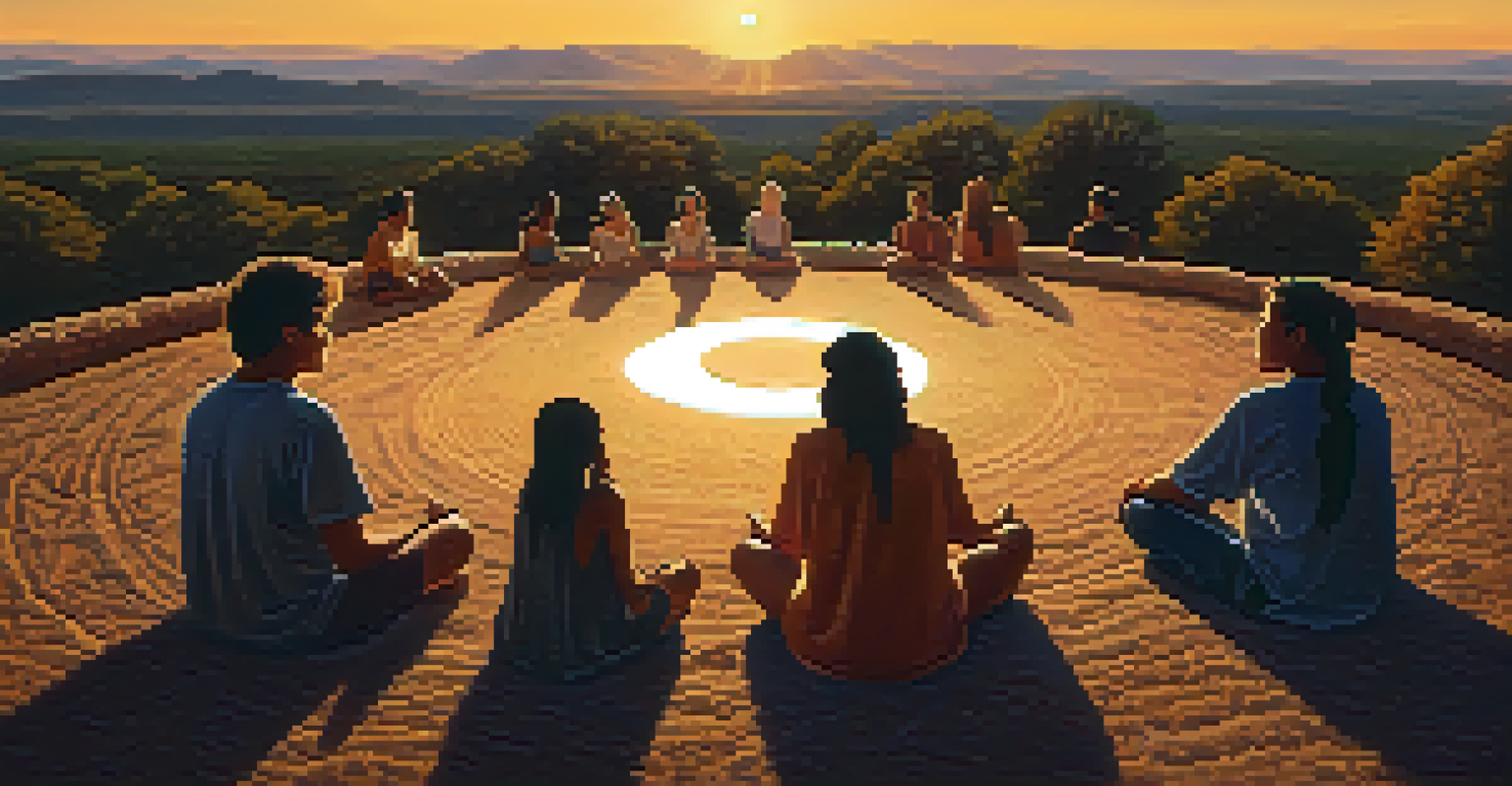 Participants holding hands in a united circle during a peyote ceremony, with a warm sunset creating a serene atmosphere.