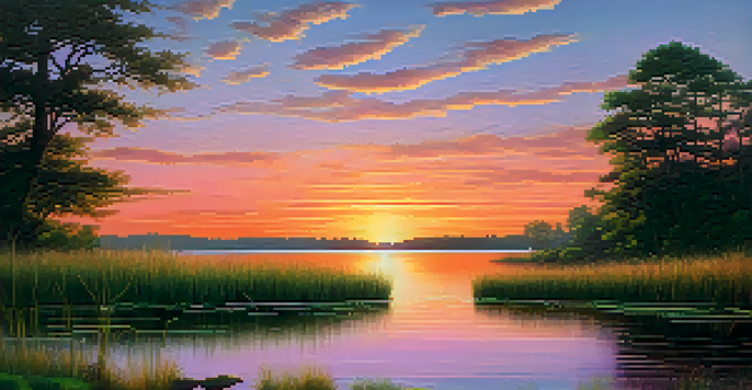 A tranquil sunset over a lake with a person meditating on the shore, surrounded by greenery.
