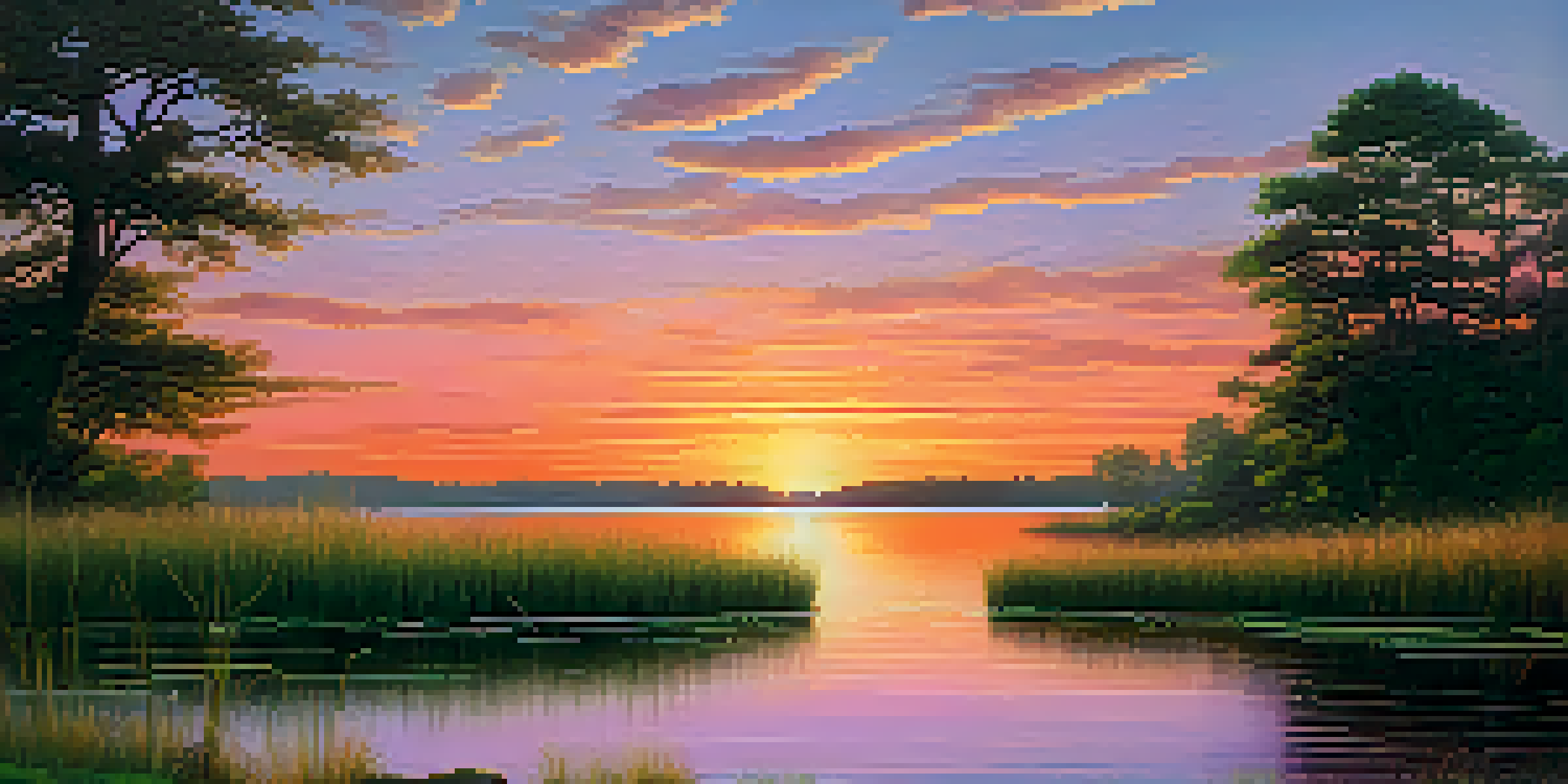 A tranquil sunset over a lake with a person meditating on the shore, surrounded by greenery.