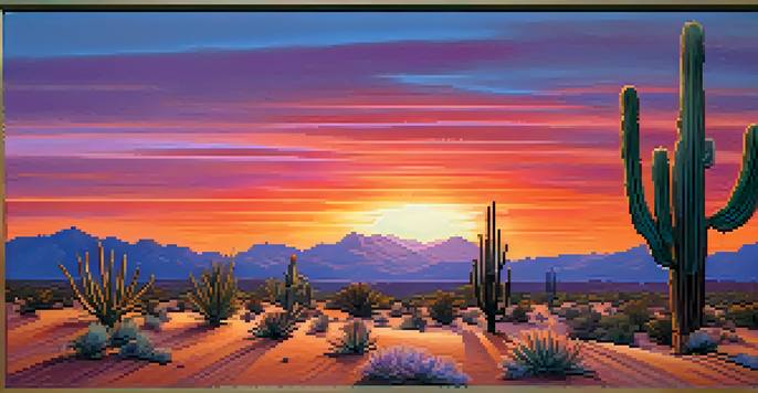 A desert landscape with a small peyote cactus at sunset, showcasing vibrant colors and soft shadows.
