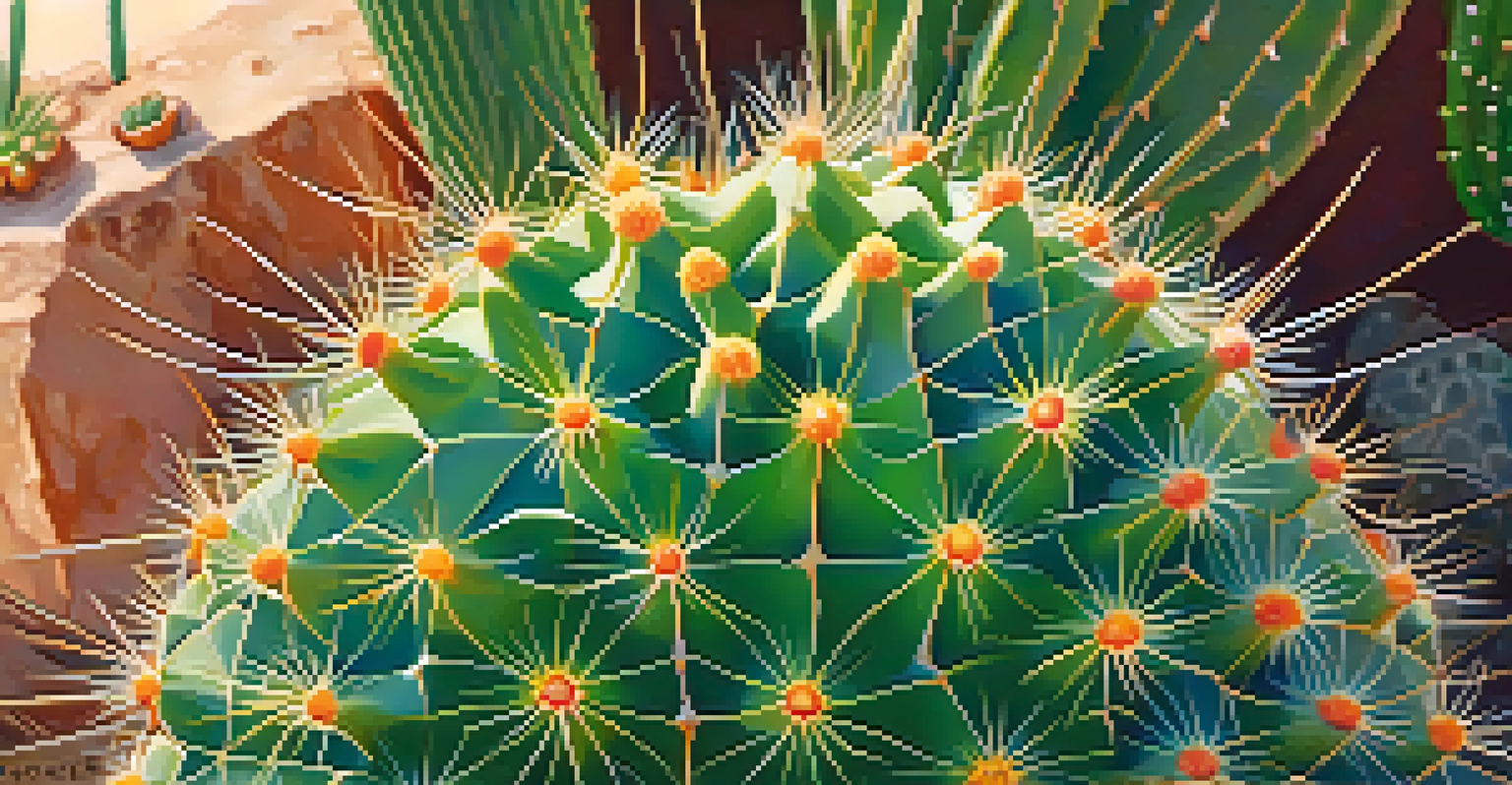A detailed close-up of a peyote cactus, highlighting its textured skin and natural colors, set against a blurred desert background.