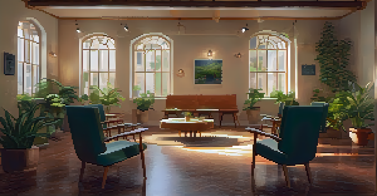 A cozy indoor space set up for a discussion group about Peyote, featuring chairs and warm lighting.