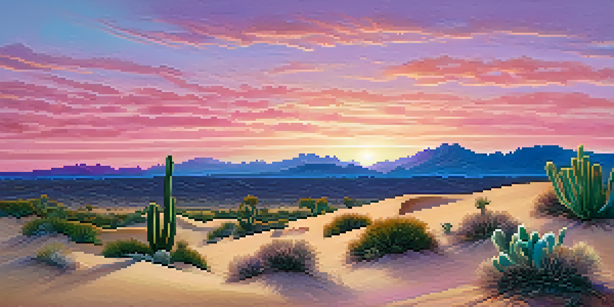 A tranquil desert scene at dusk with a peyote cactus, golden sand dunes, and a colorful sky.