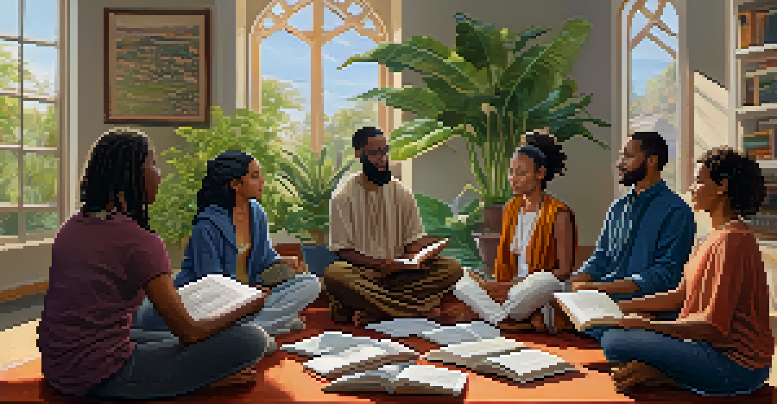 A diverse group of people in a cozy room engaged in an interfaith dialogue, sharing spiritual experiences about peyote.