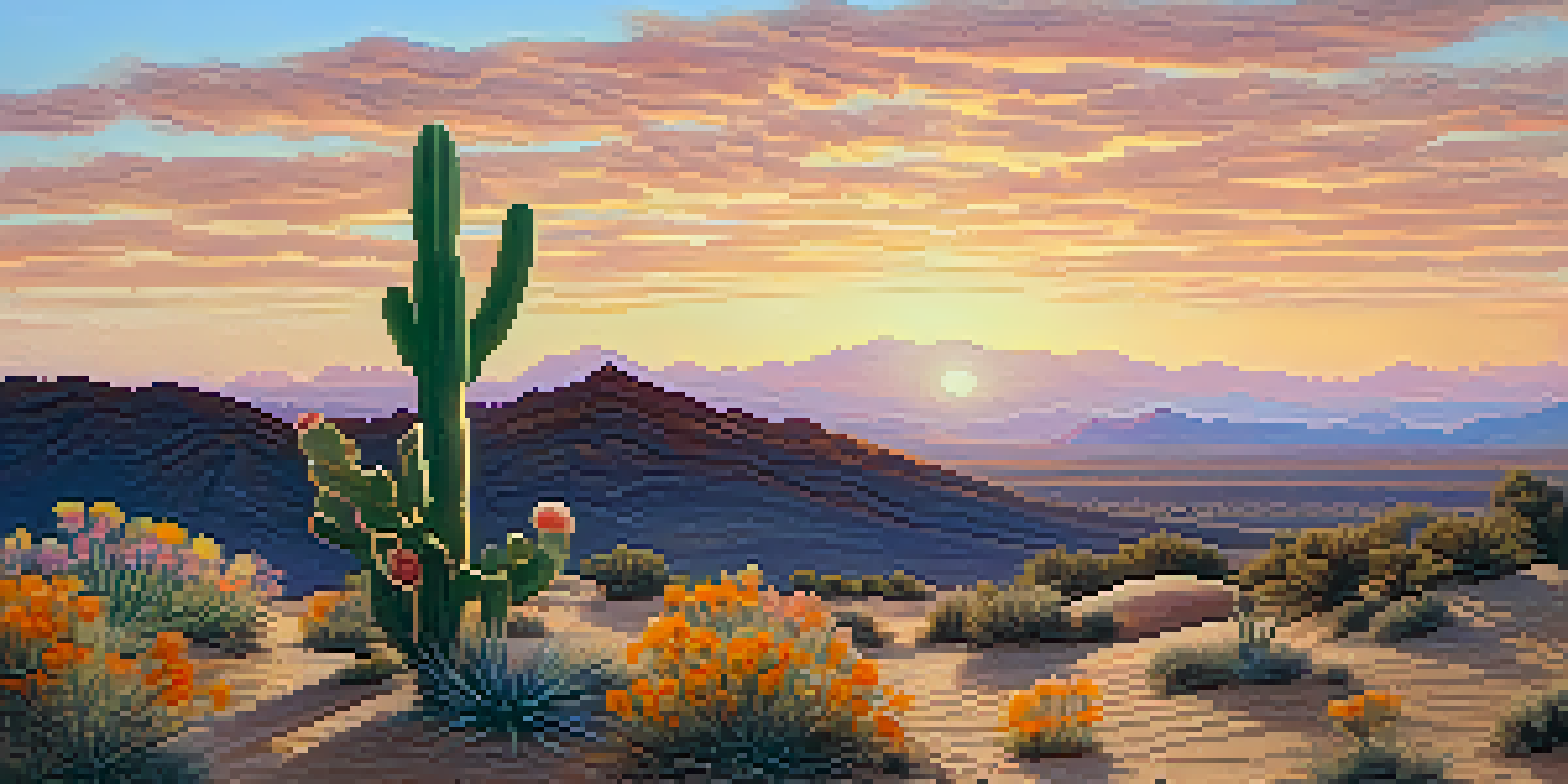 A desert landscape at sunrise with a small peyote cactus in the foreground and distant mountains in the background.
