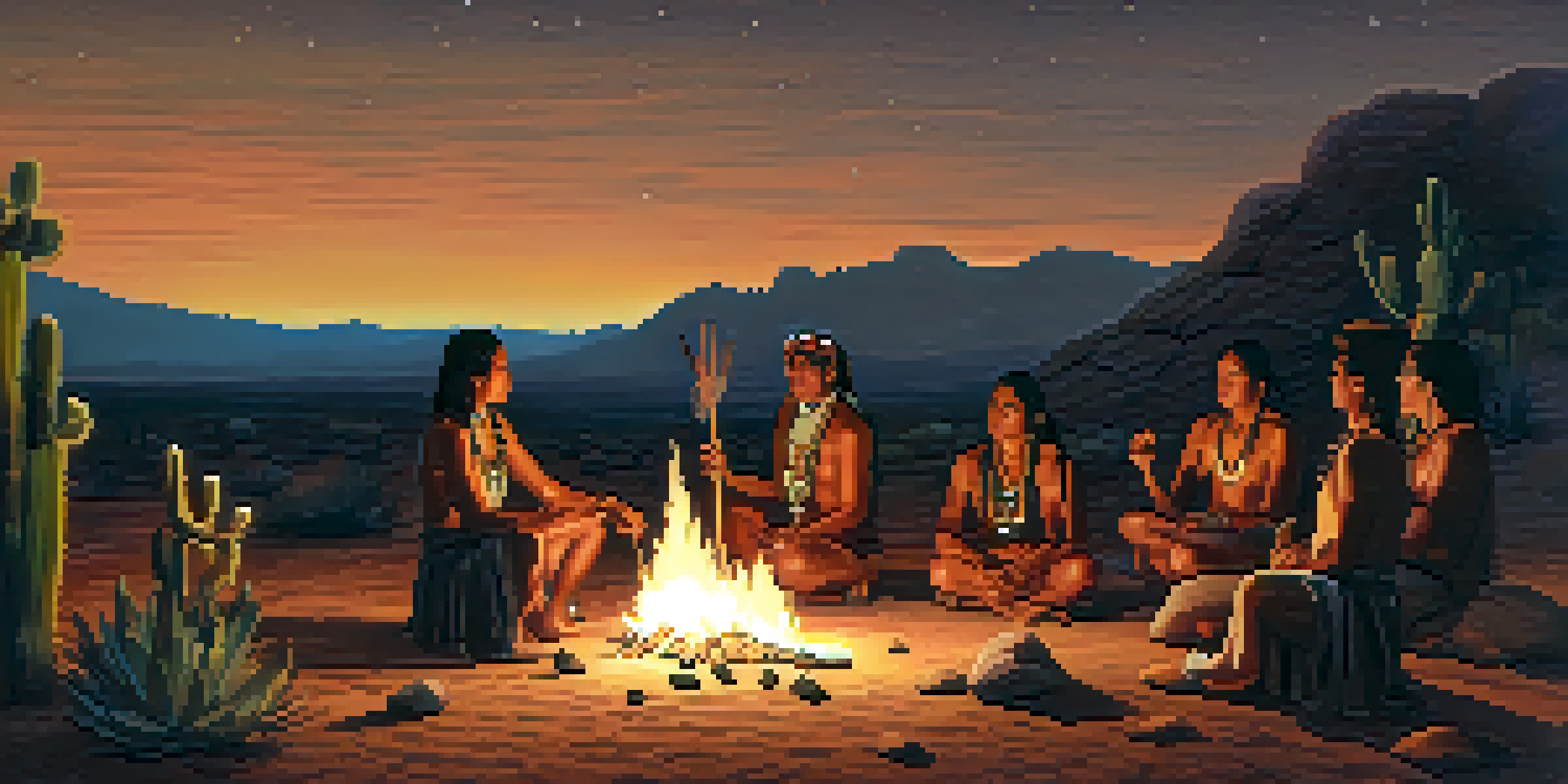 A group of Indigenous people participating in a peyote ceremony under a starry sky, gathered around a glowing fire.