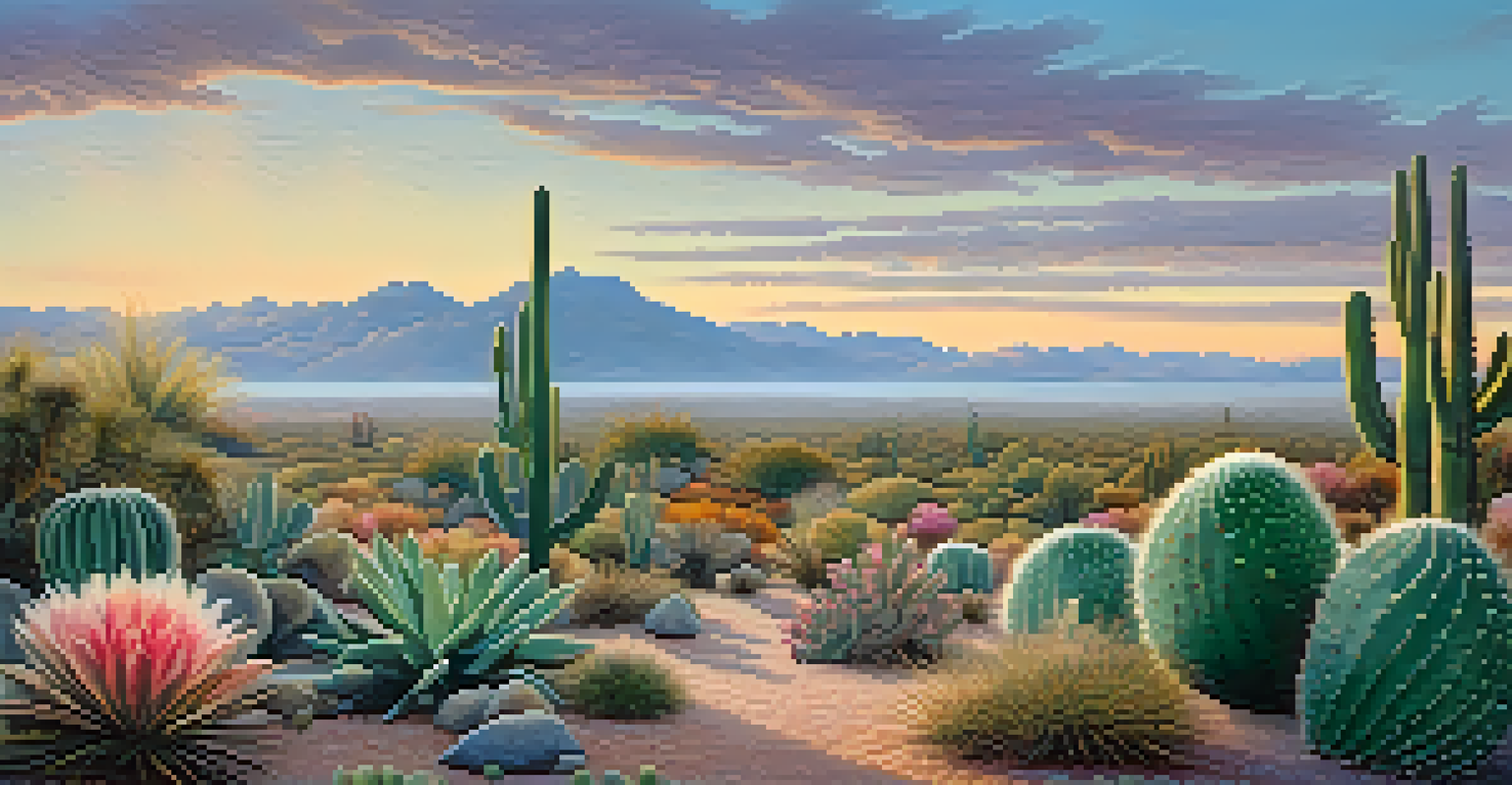 Peyote cactus garden at dawn with mist and pastel colors in the sky.