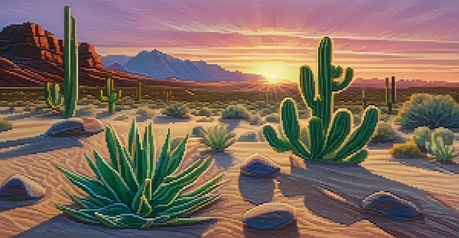 A vibrant green Peyote cactus in a sandy desert at sunset, with colorful sky hues and gentle shadows.